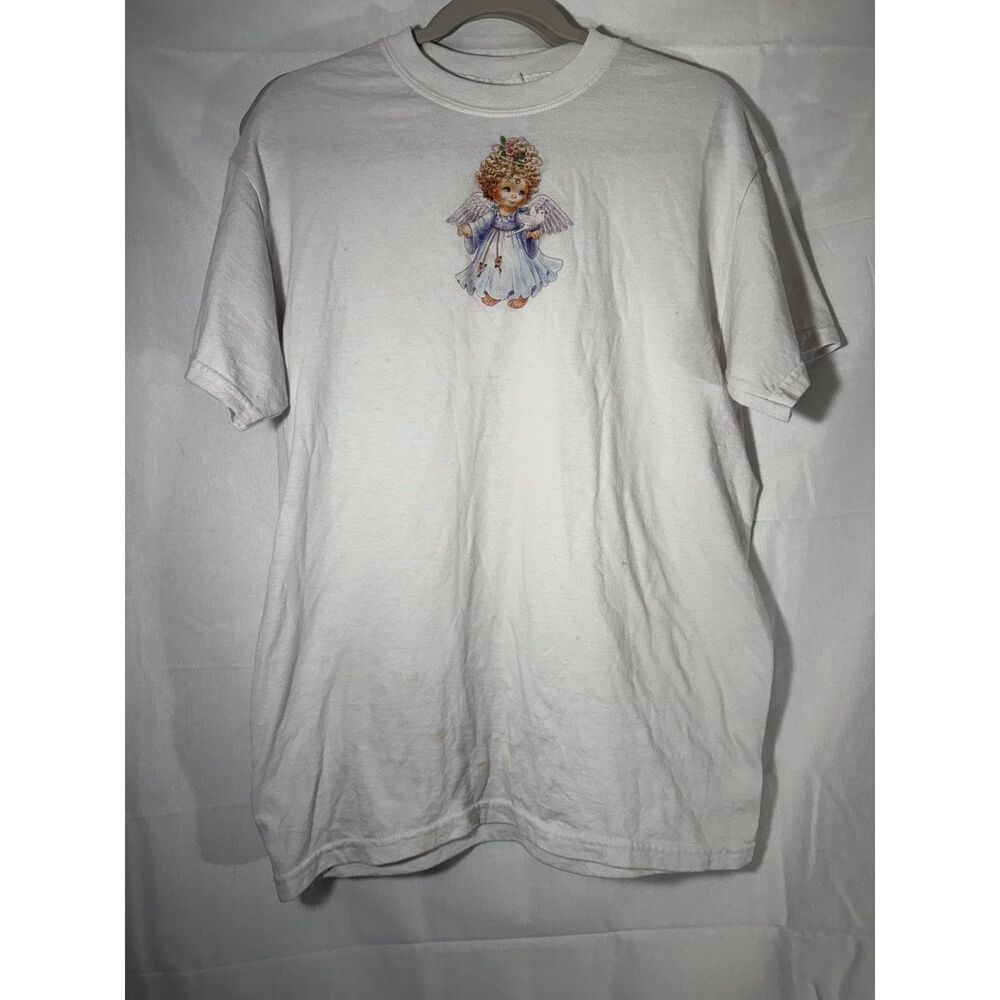 Vintage Y2K Gildan Men’s M White Angel Dove Embellished Graphic T-Shirt Cherub